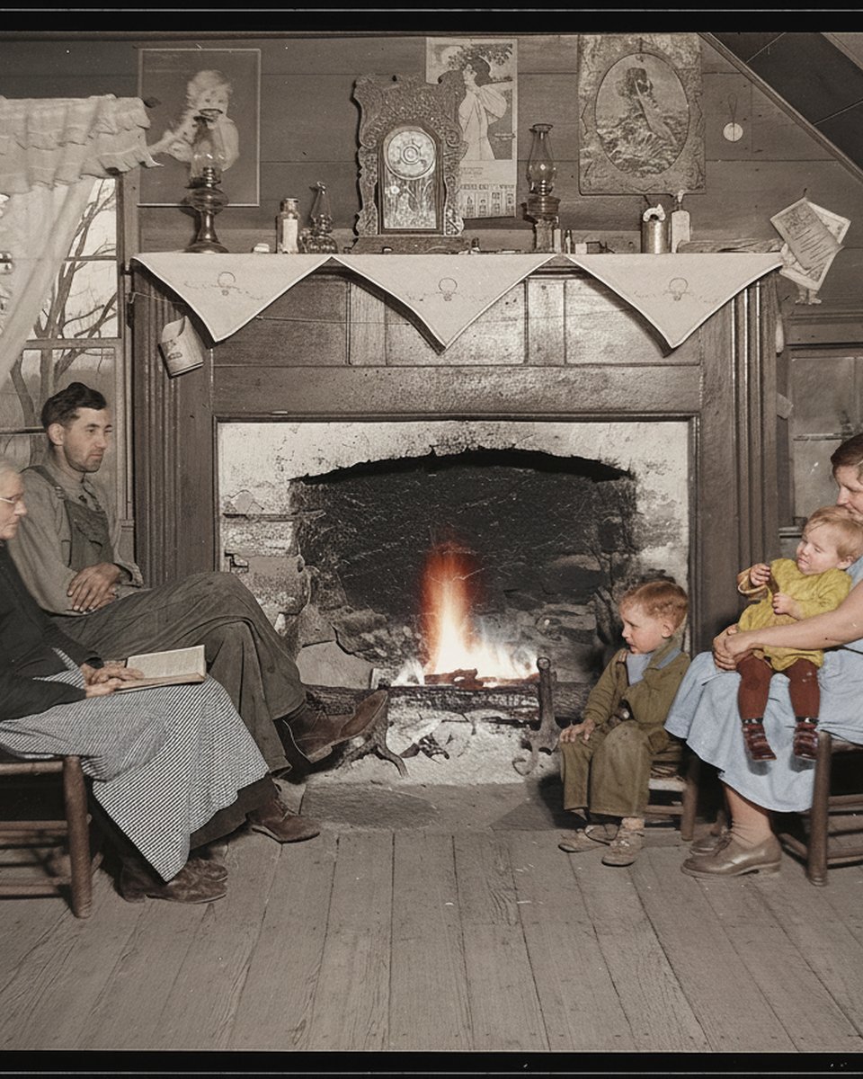 AFTER: the same scene restored and colourised, five family members with their natural faces and realistic colour