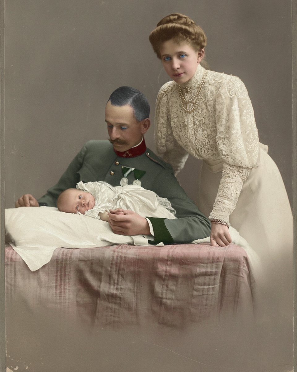 AFTER: the same military portrait restored and colourised, both adult faces and the baby unaltered
